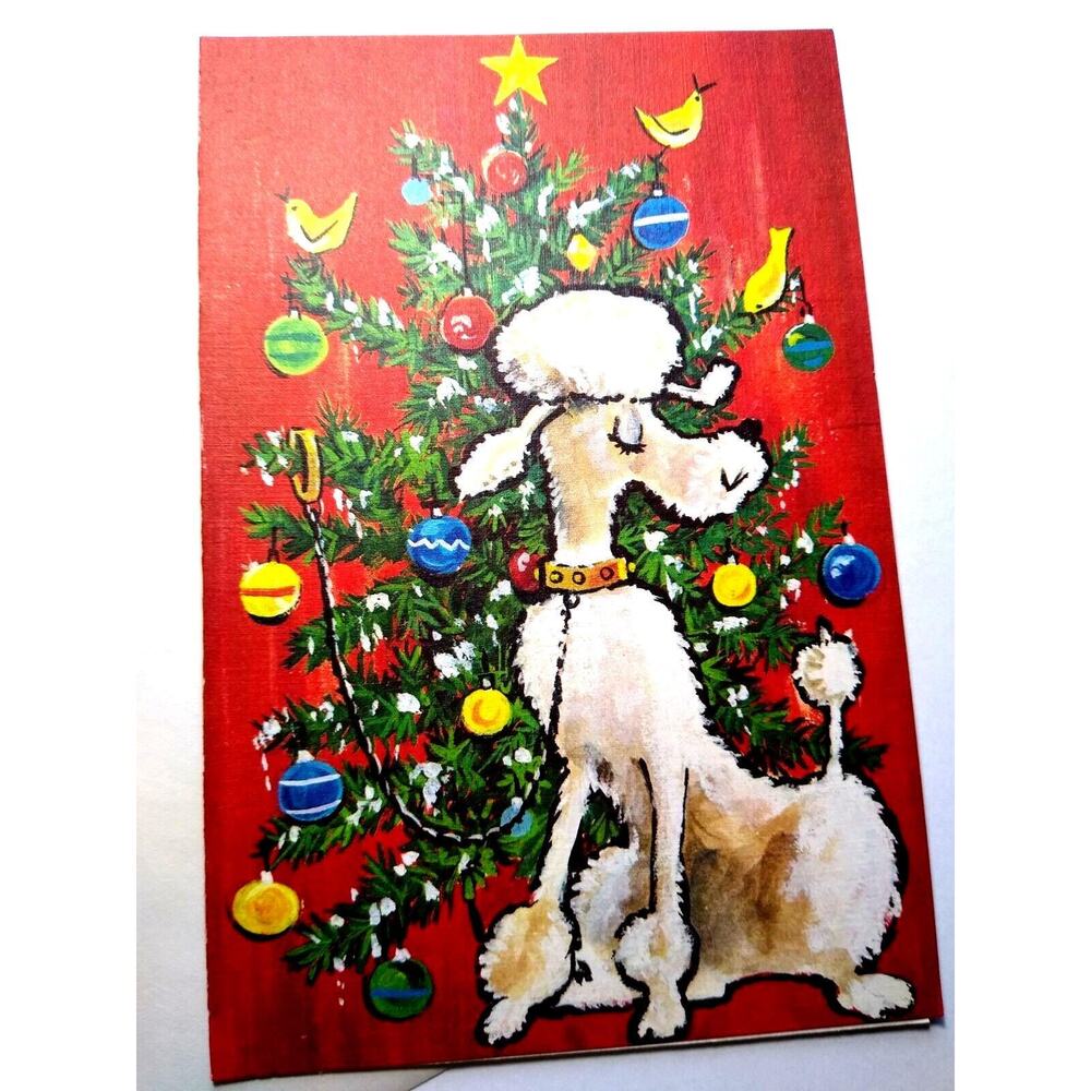 Christmas Poodle Dog Yellow Birds Retro Mid Century Mod Groovy Greeting Card NOS